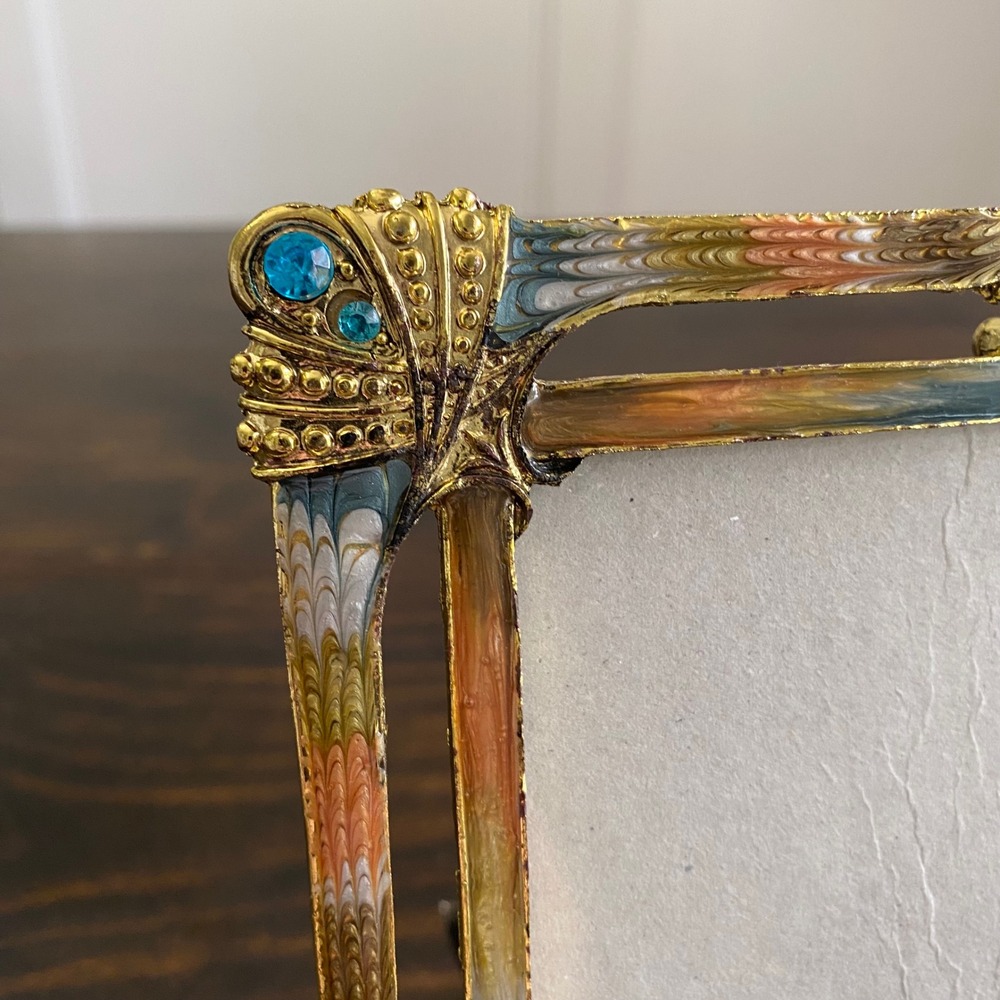 Vintage Art Nouveau Style Enameled Metal Photo Frame Gold Blue Rhinestone 5x7 - Picture 2 of 8